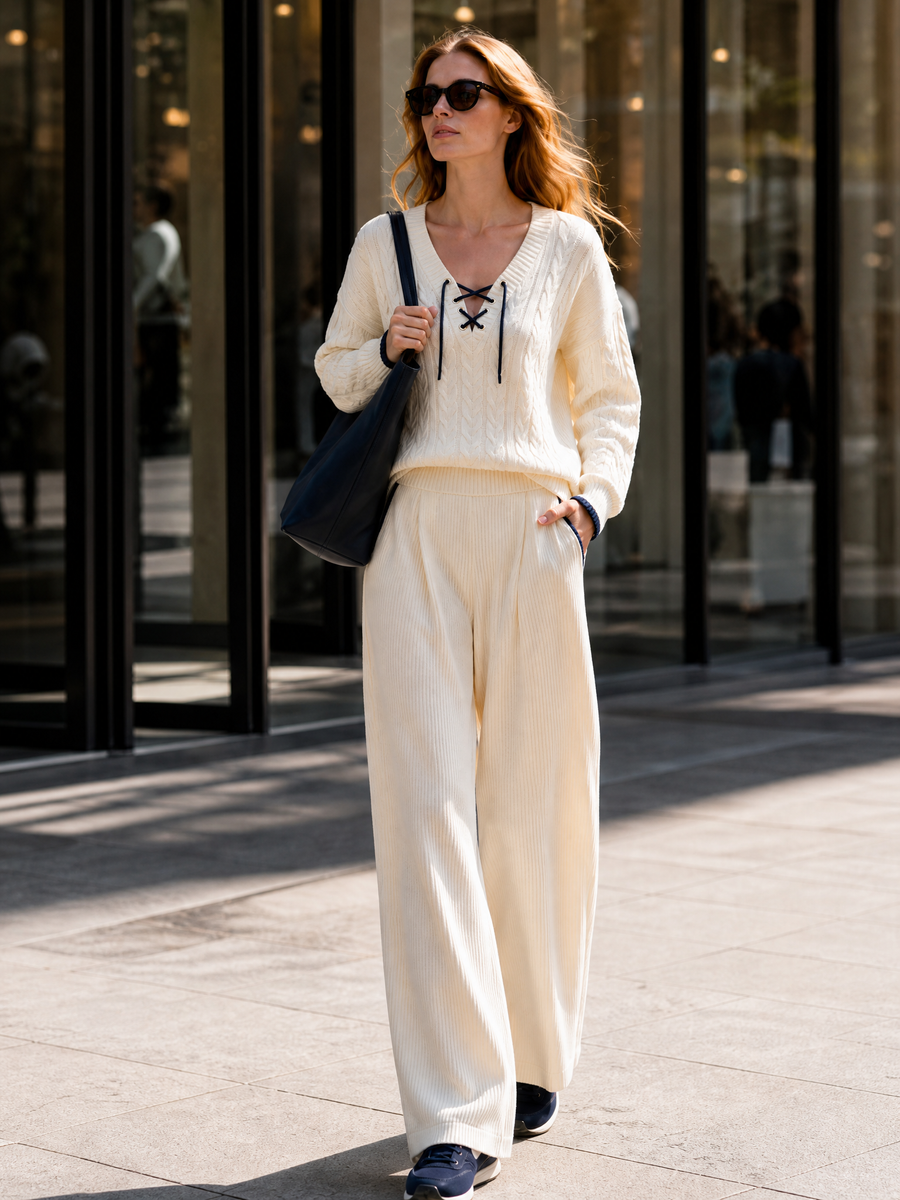 Off‑White V‑Neck Lace‑Up Cable Knit Top Navy Contrast Trim Wide Leg Pants Set