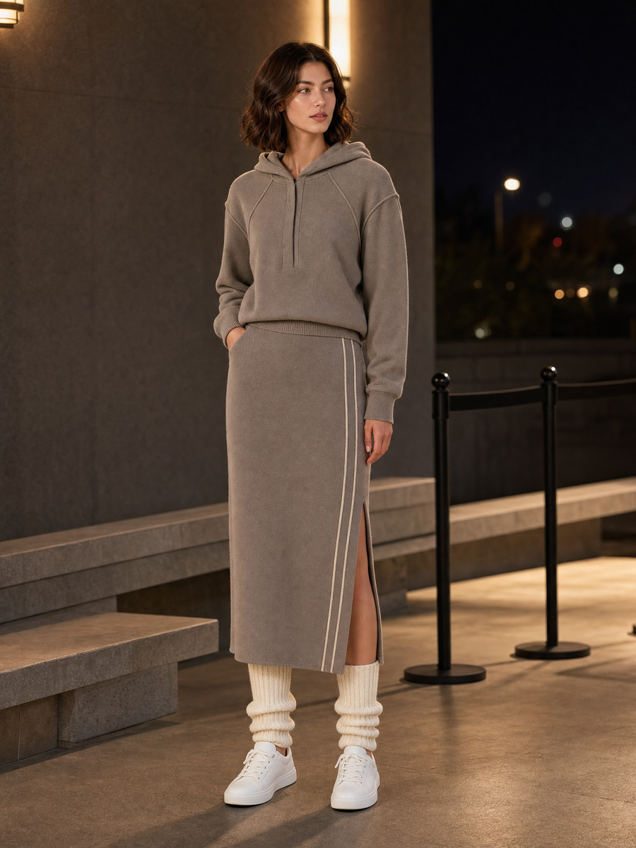 Stylish Half-Zip Hoodie And Side-Slit Skirt Set