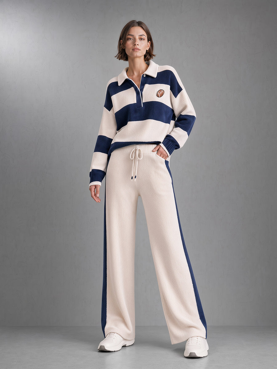 Rugby Stripe Quarter-Zip Polo Knit Sweater & Pants Set