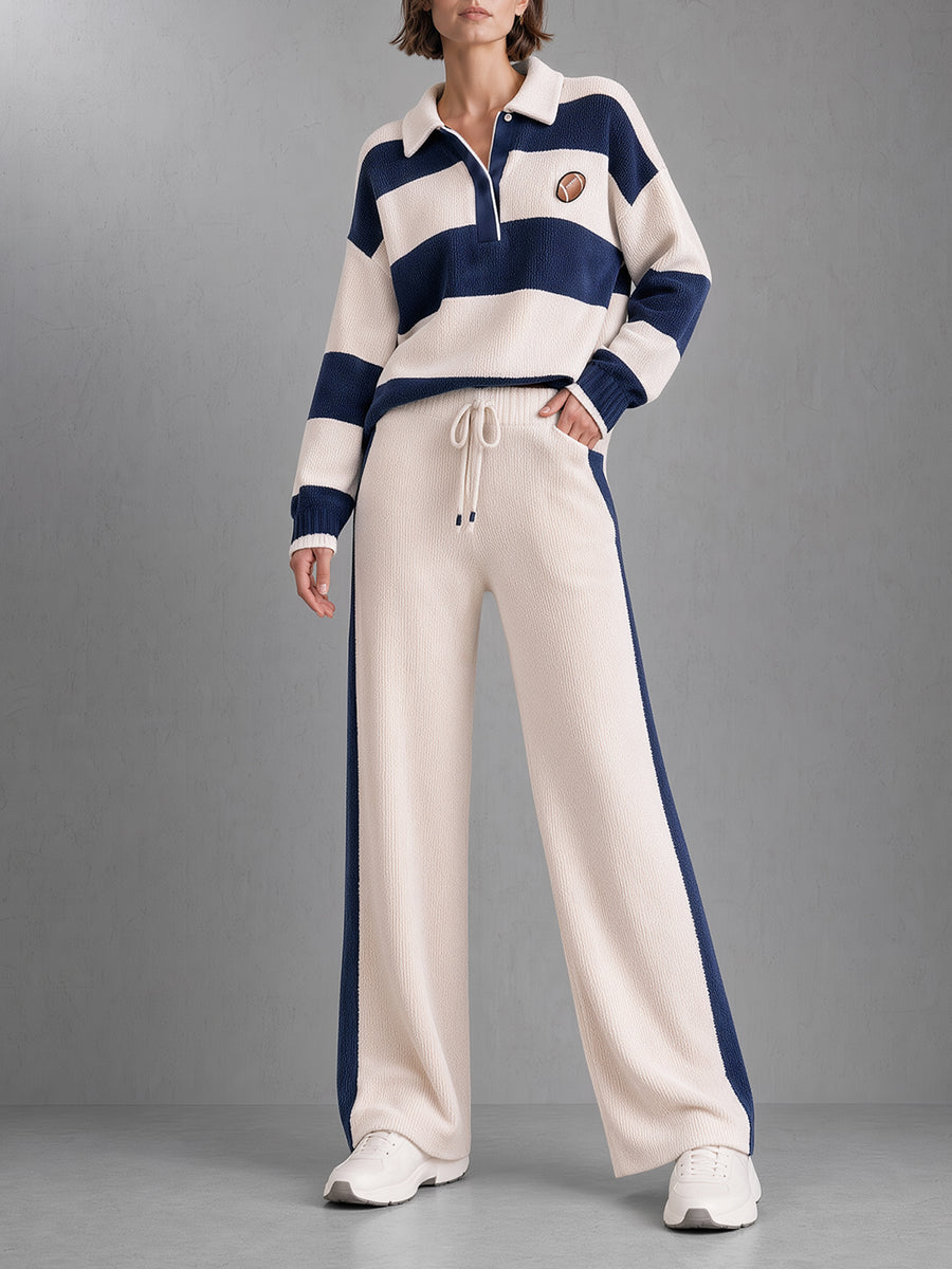 Rugby Stripe Quarter-Zip Polo Knit Sweater & Pants Set
