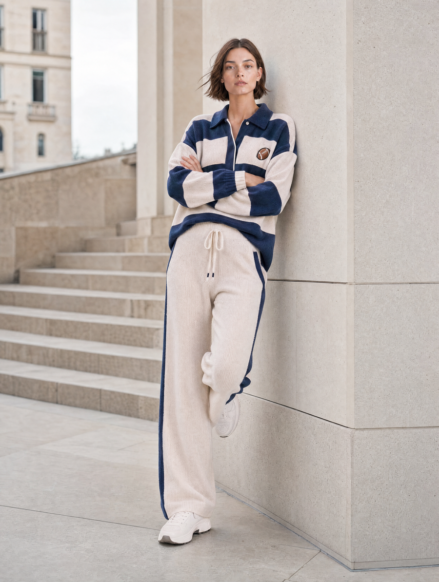 Rugby Stripe Quarter-Zip Polo Knit Sweater & Pants Set
