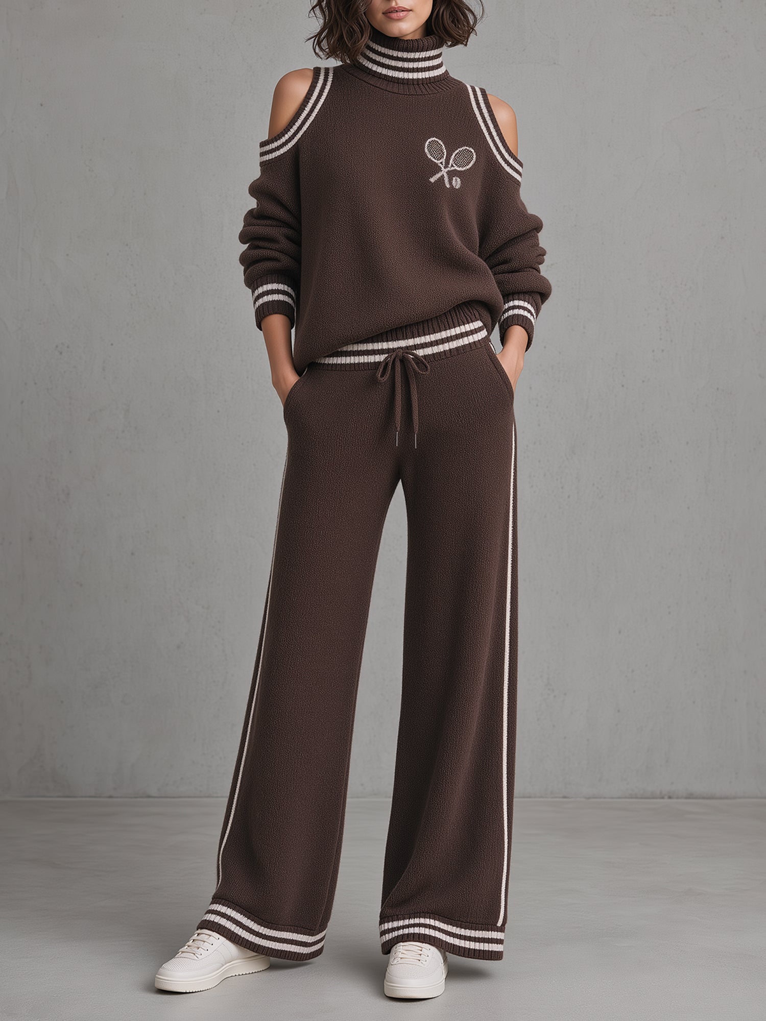 Cold-Shoulder Turtleneck Tennis Knit Sweater & Wide-Leg Pants Set
