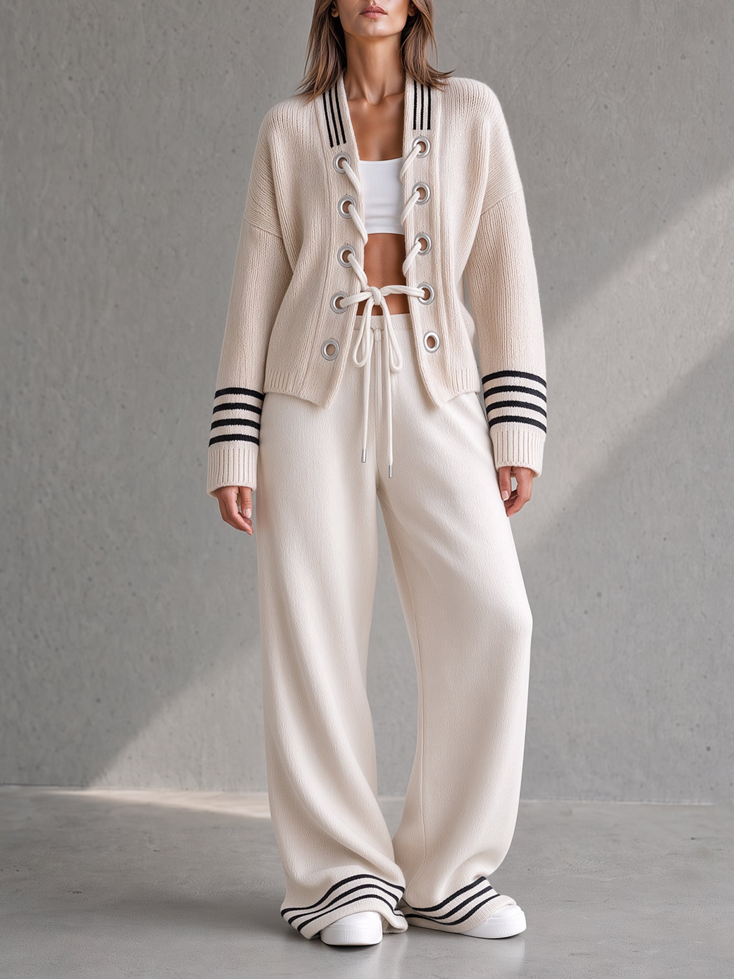 Lace-Up Grommet Knit Cardigan & Wide-Leg Pants Set