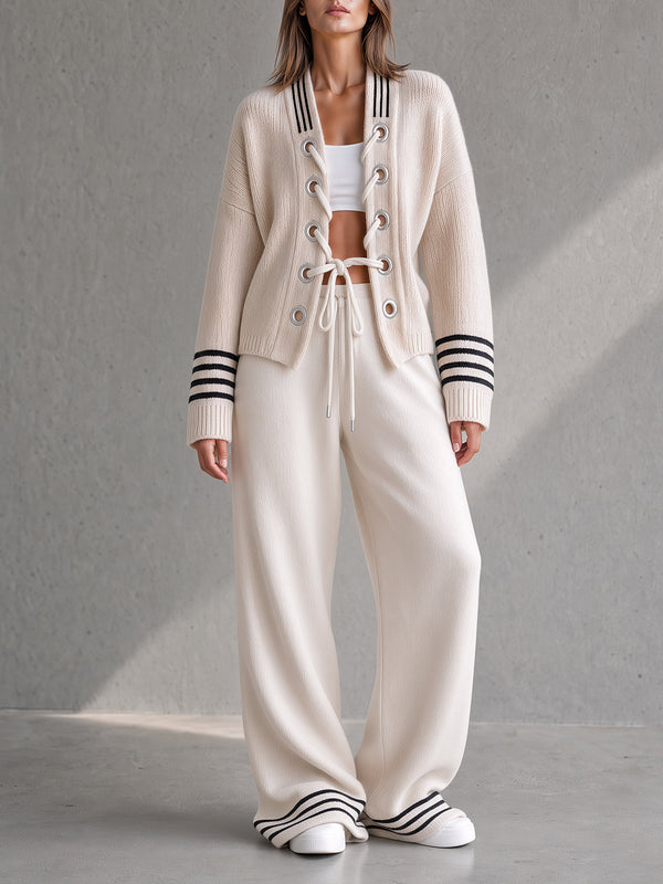 Lace-Up Grommet Knit Cardigan & Wide-Leg Pants Set