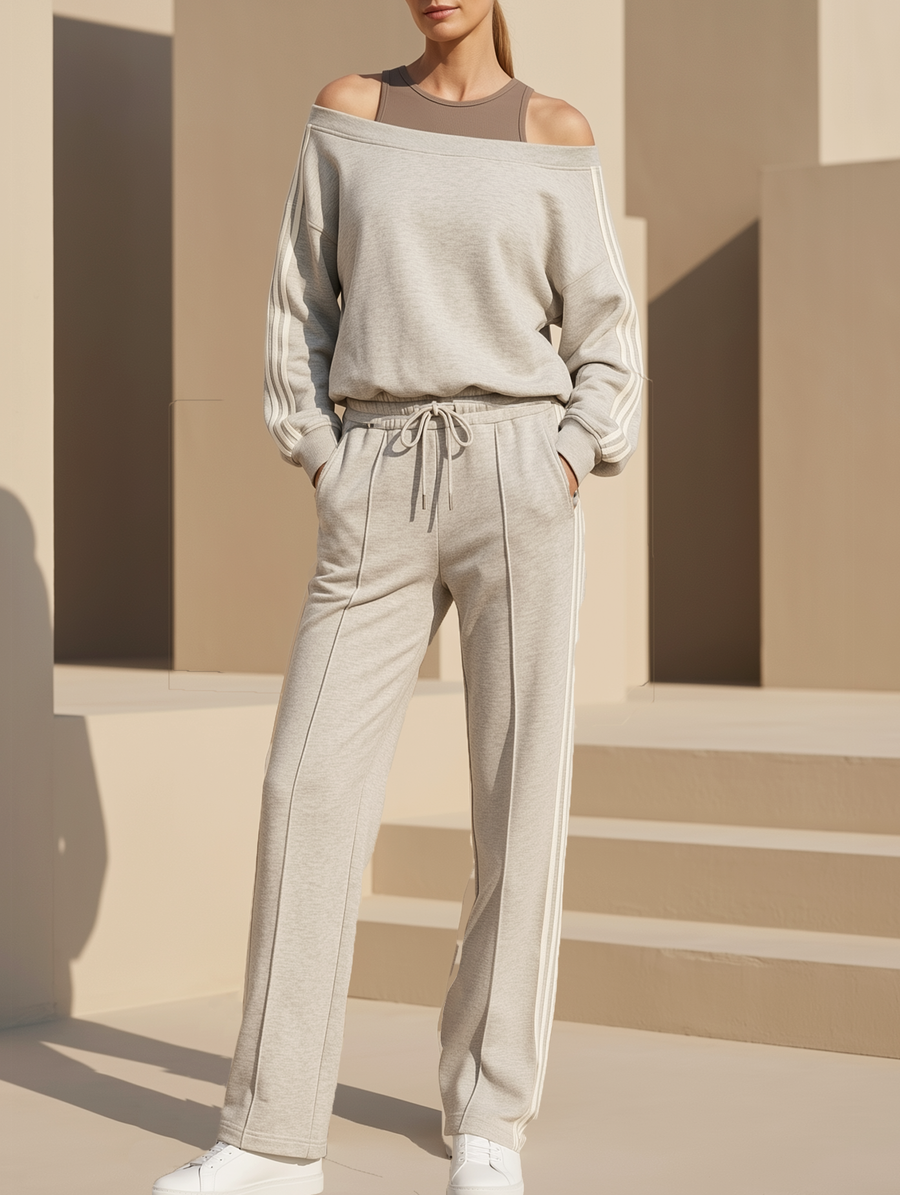Grey Off-the-shoulder Sweatshirt And Straight-leg Trousers Set