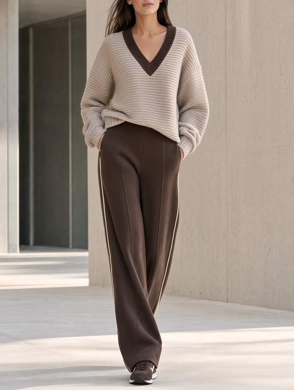 Khaki And Dark Brown Color-Block Sweater And Wide-Leg Pants Set