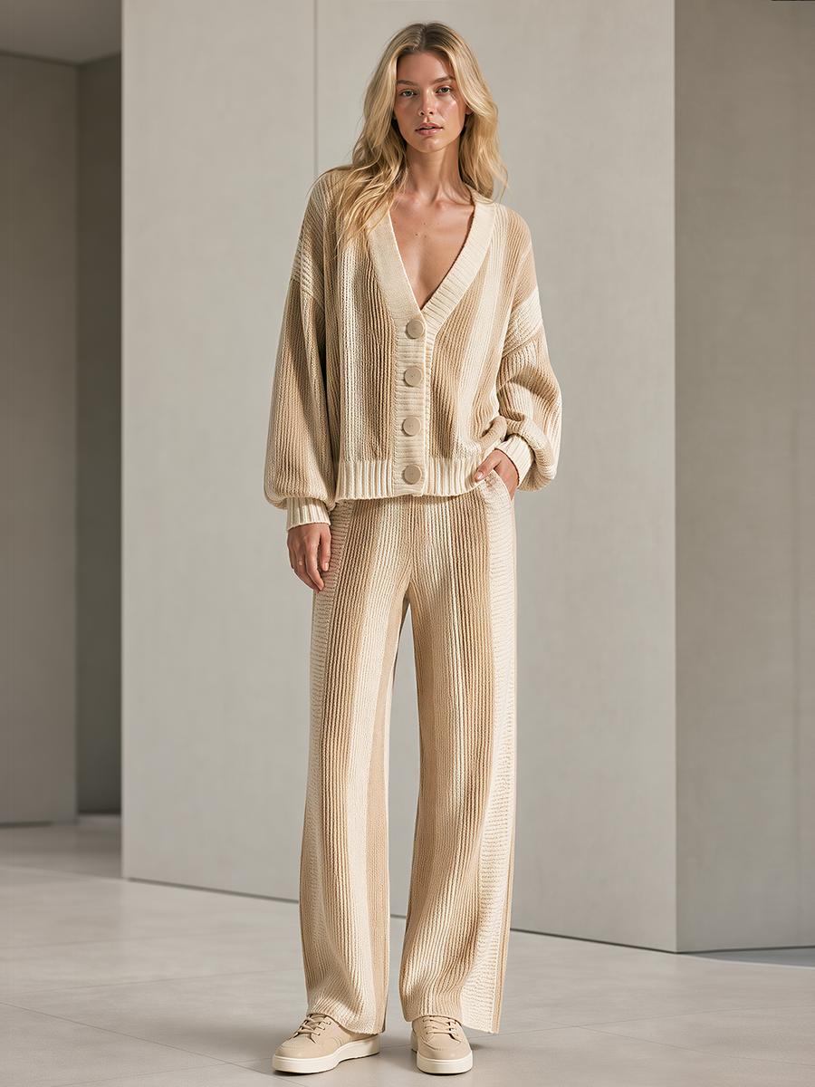 Khaki V-neck Button-up Cardigan And Knit Pants Set With Contrasting Vertical Stripes