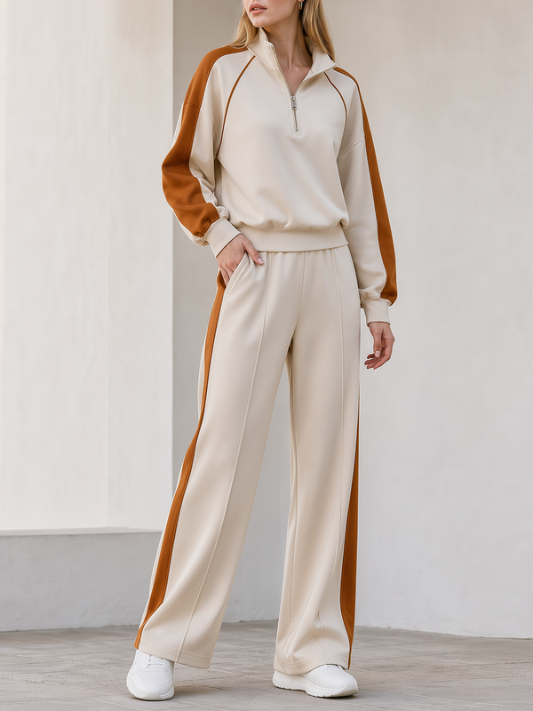 Cream Caramel Raglan Half‑Zip Collar Sweatshirt Side Contrast Wide Leg Pants Set