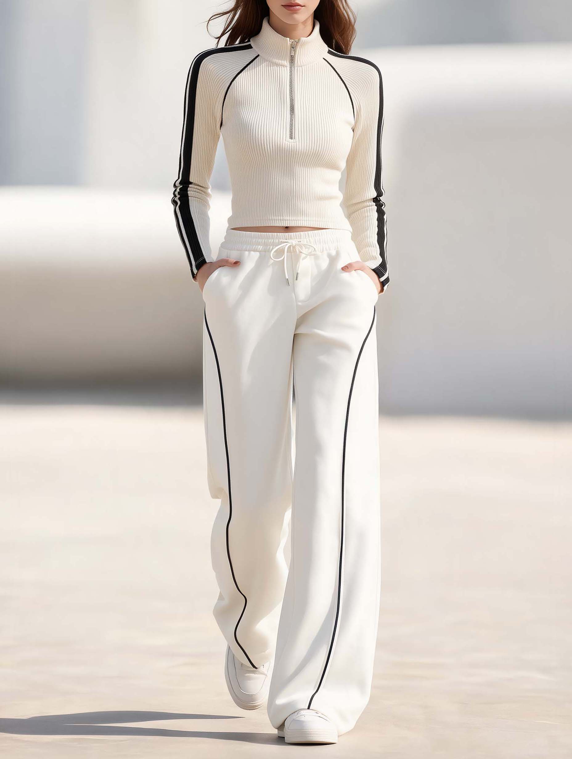 Fitted Off-white Ribbed Color-block Half-zip Top And Sporty Wide-leg Pants Set