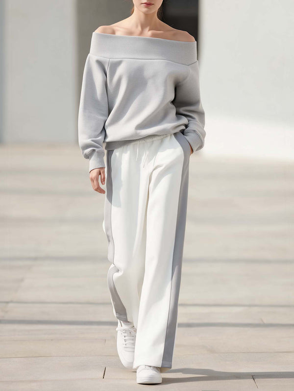 Oversized Grey Off-shoulder Long-sleeve Sweatshirt And White Color-block Trousers Set