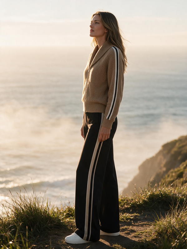 Camel Herringbone Knit Cardigan And Wide-leg Trousers Set
