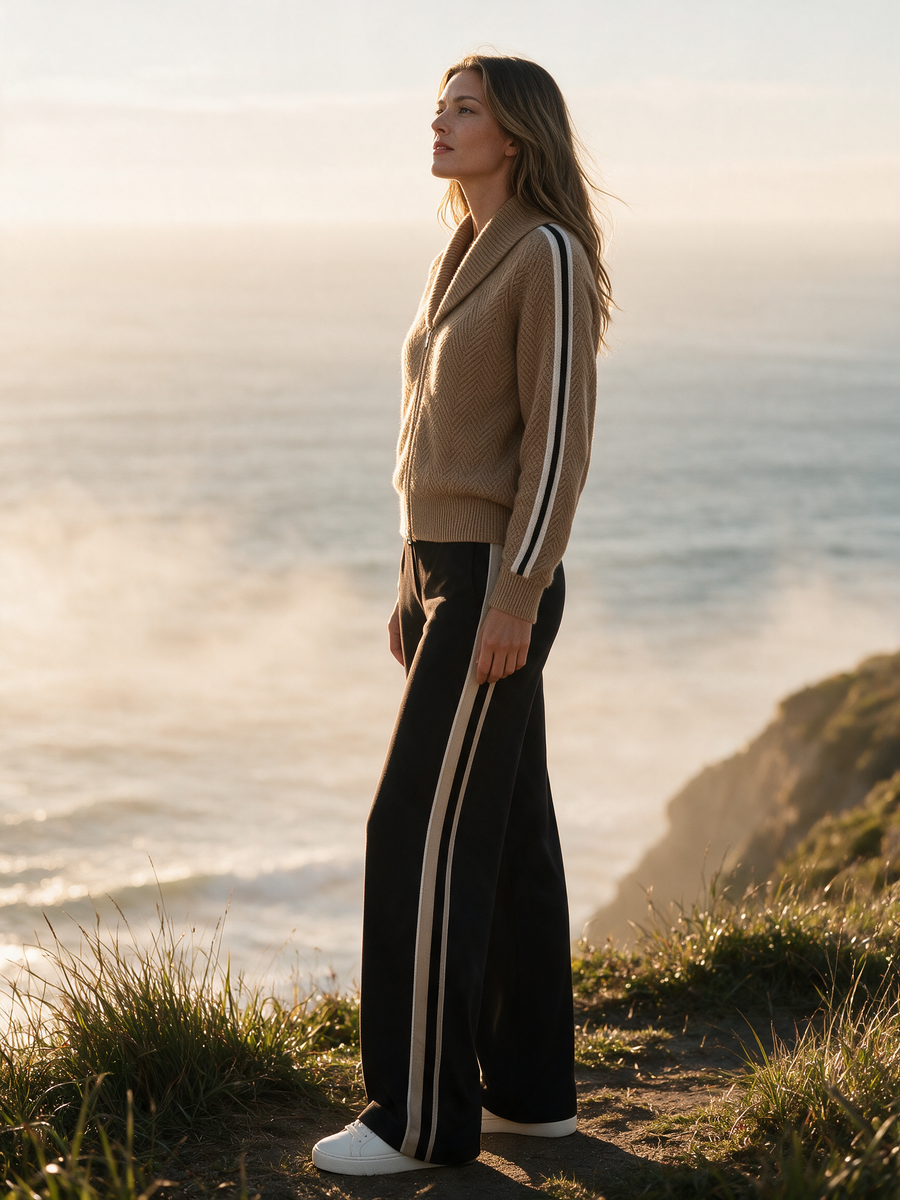 Camel Herringbone Knit Cardigan And Wide-leg Trousers Set