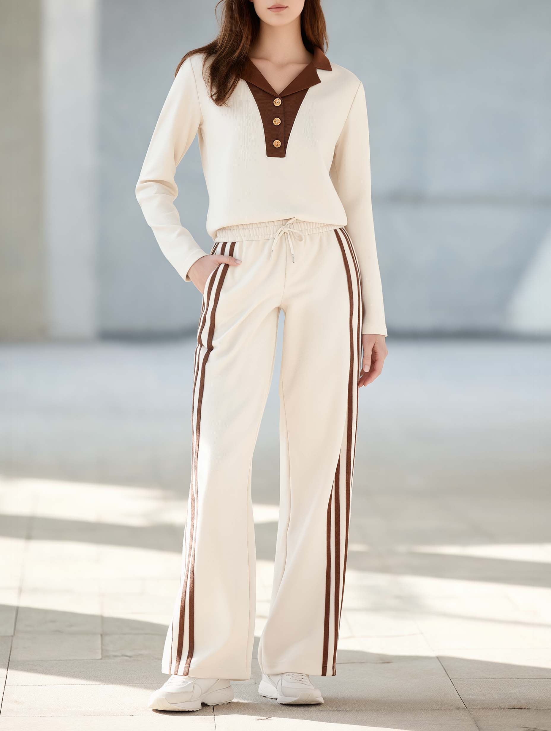 Stylish Casual Off-White And Brown Color-Block Long-Sleeve Top And Wide-Leg Pants Set