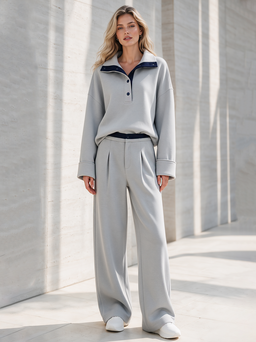 Light Grey And Navy Snap-button Collared Top And Pleated Wide-leg Trousers Set