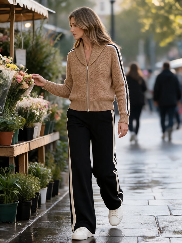 Camel Herringbone Knit Cardigan And Wide-leg Trousers Set