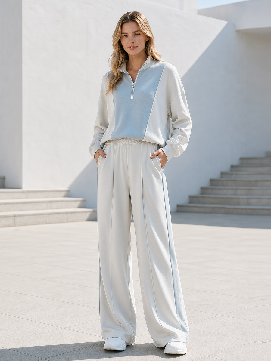 Light Grey-blue Color-block Half-zip Mock-neck Top And Wide-leg Trousers Set