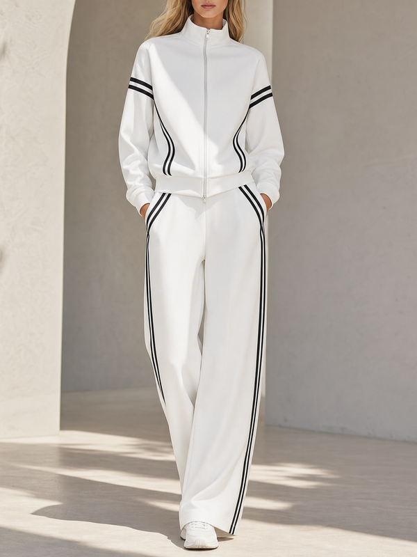 White Zip-up Jacket And Wide-leg Trousers Tracksuit