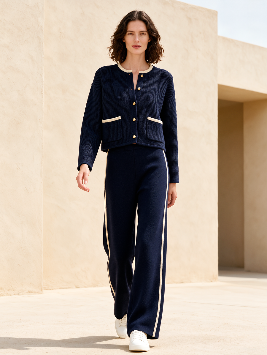 Navy Knit Cardigan With Gold Buttons And Contrasting Trim