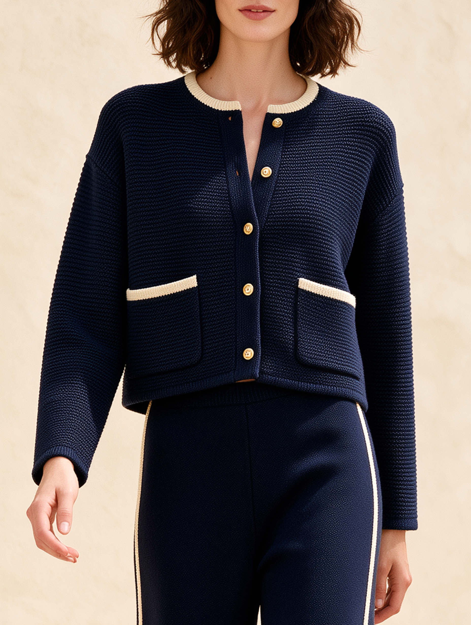 Navy Knit Cardigan With Gold Buttons And Contrasting Trim
