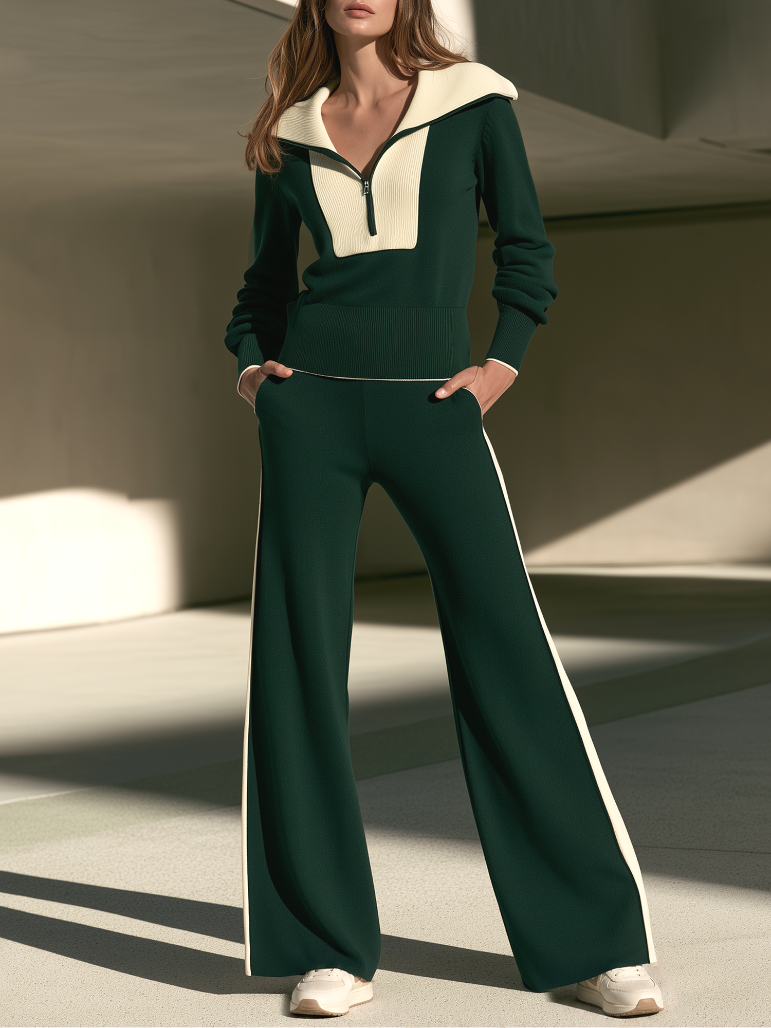 Dark Green Half-zip Wide-collar Top And Flared Trousers In A Contrasting Color Set