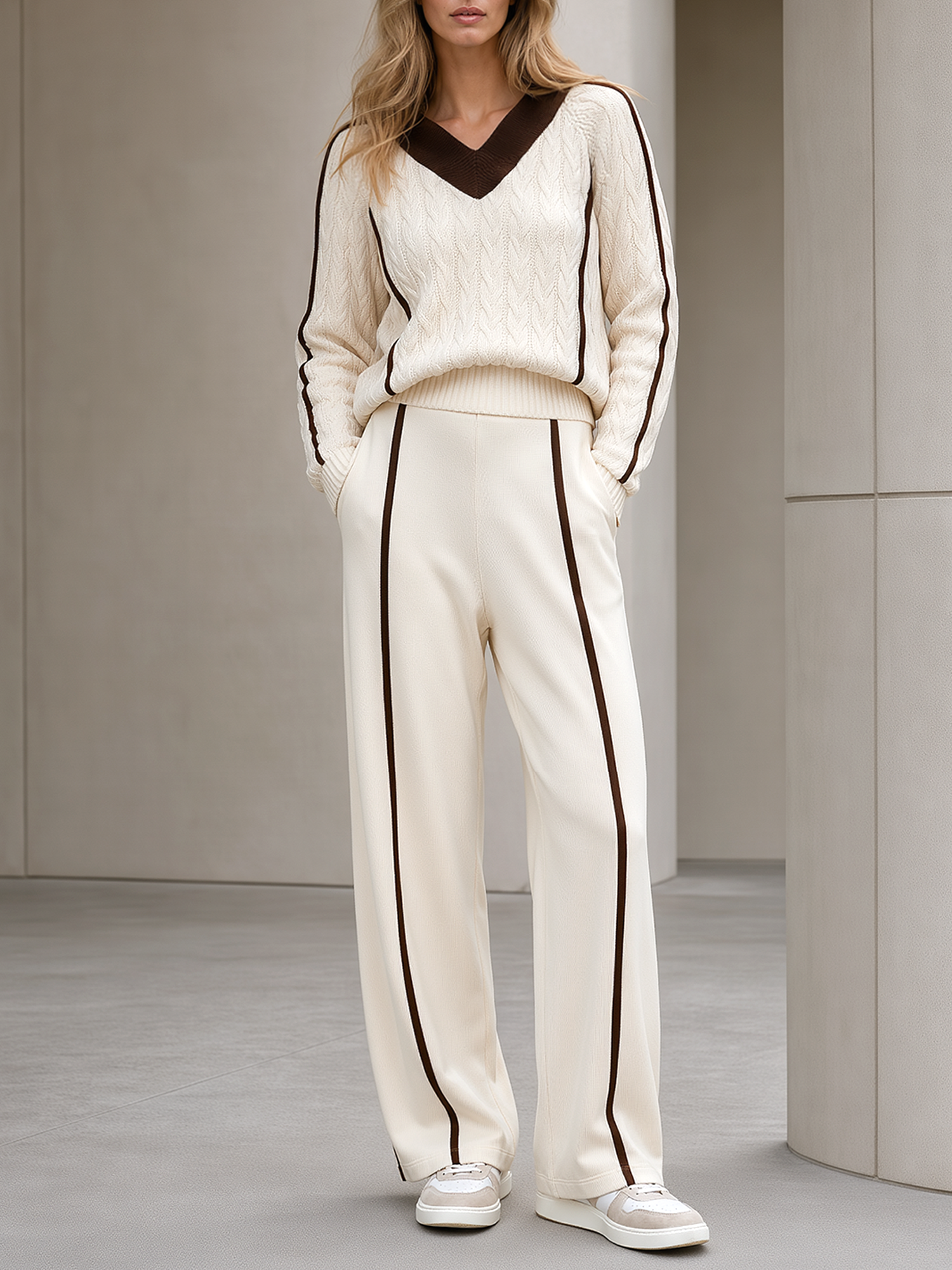 Beige And Brown Color-block V-neck Cable-knit Sweater And Wide-leg Pants Set