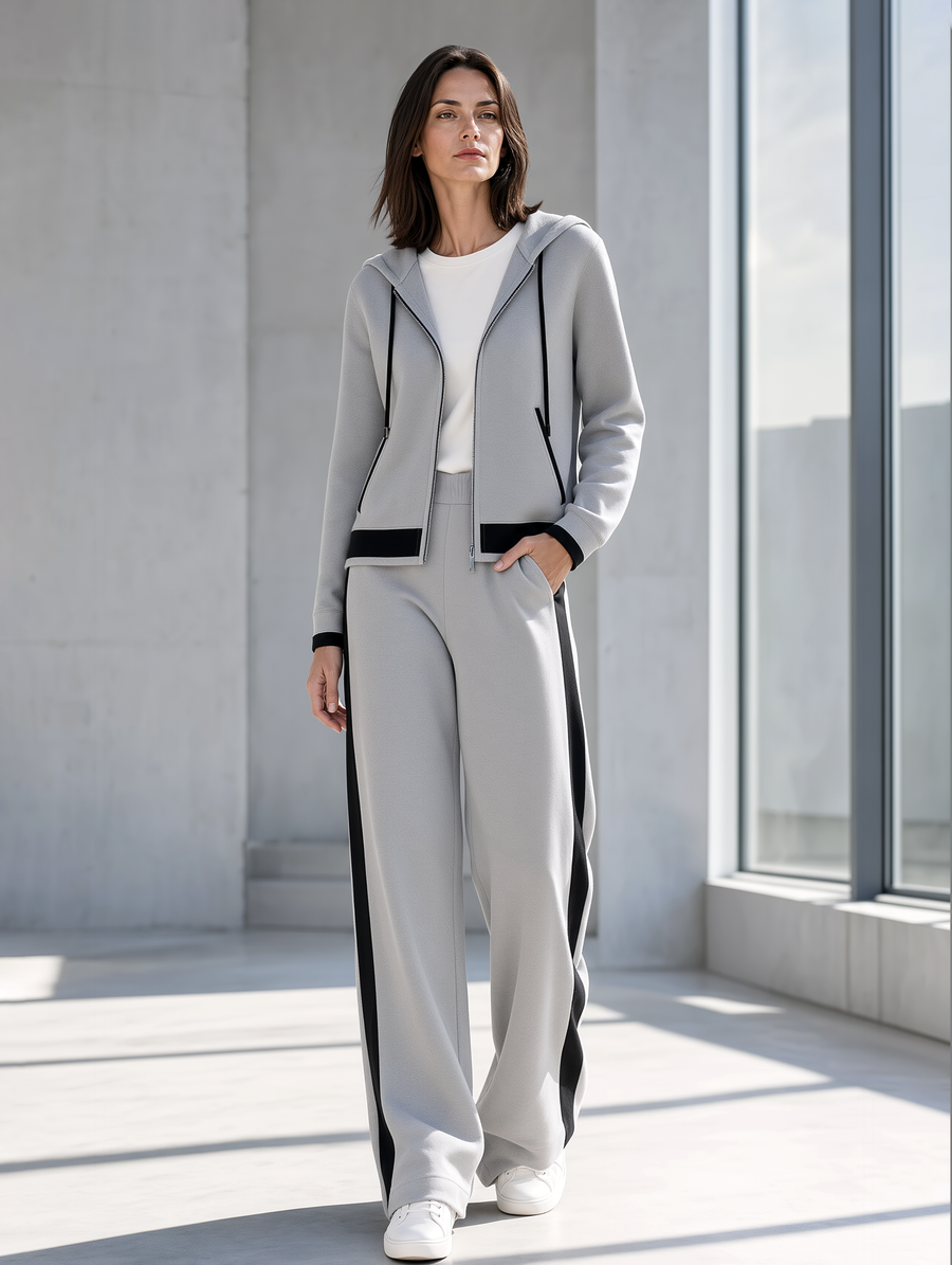 Gray Color-block Hooded Jacket And Wide-leg Trousers Set