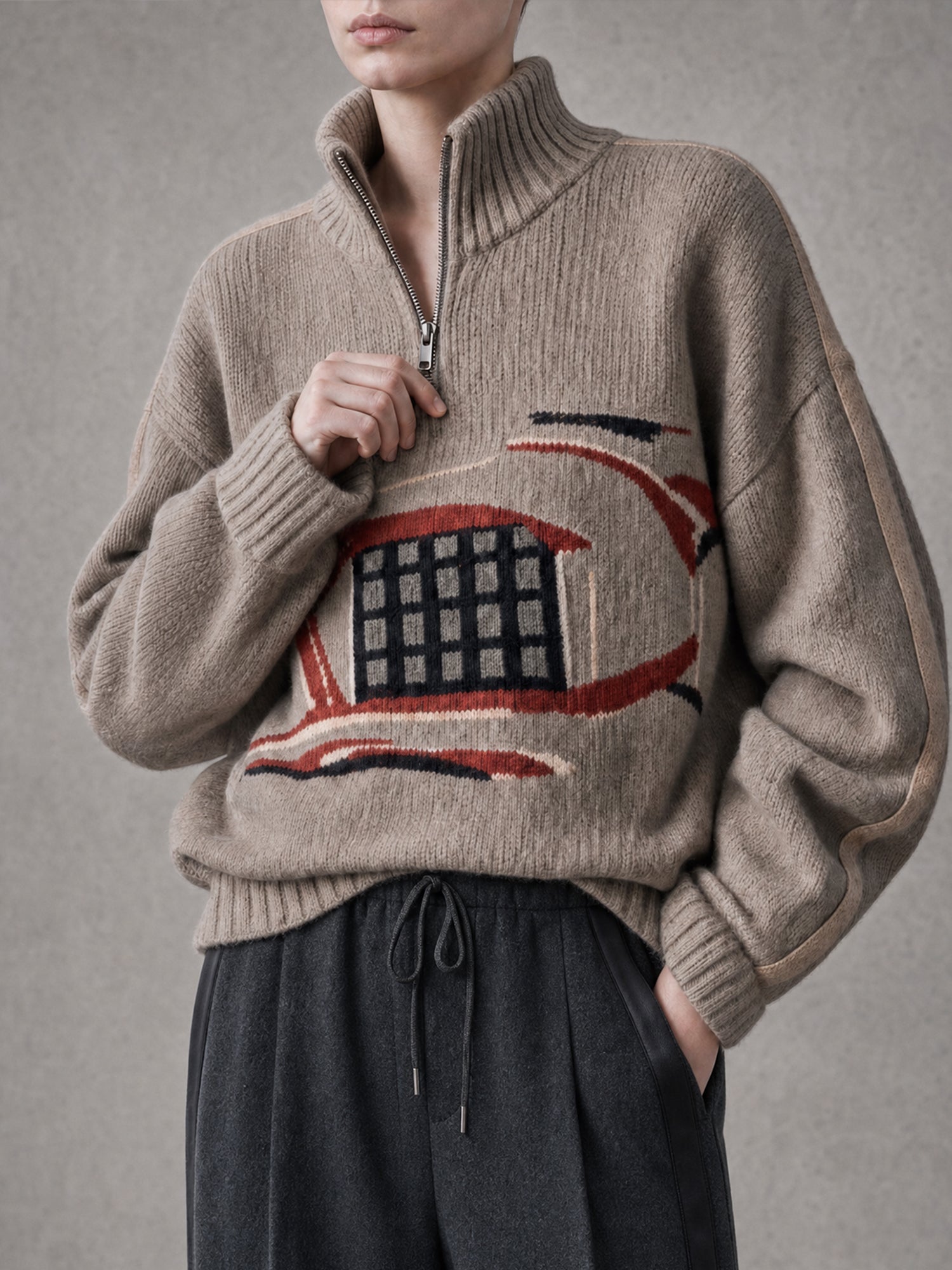 Oatmeal Retro Abstract Intarsia Half-Zip Chunky Knit Sweater