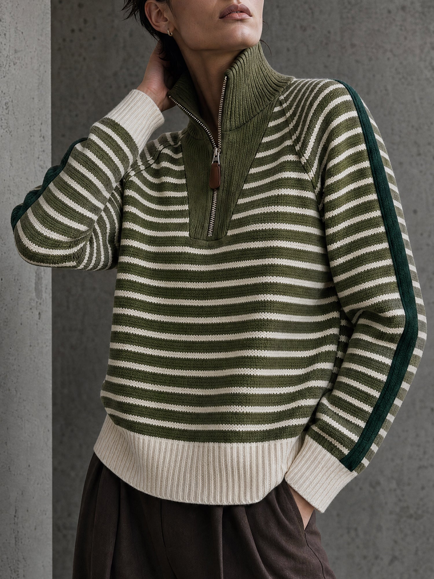 Olive Green & Cream Striped Half-Zip Stand-Collar Knit Pullover