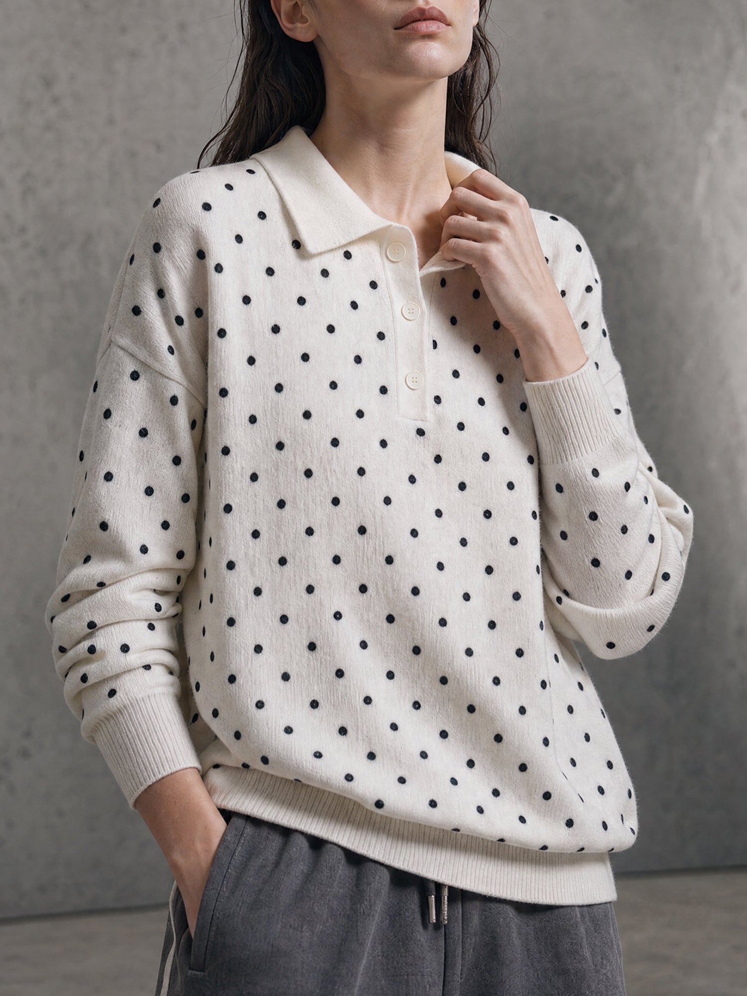 Ivory Polka Dot Knit Polo Collar Relaxed Long-Sleeve Sweater