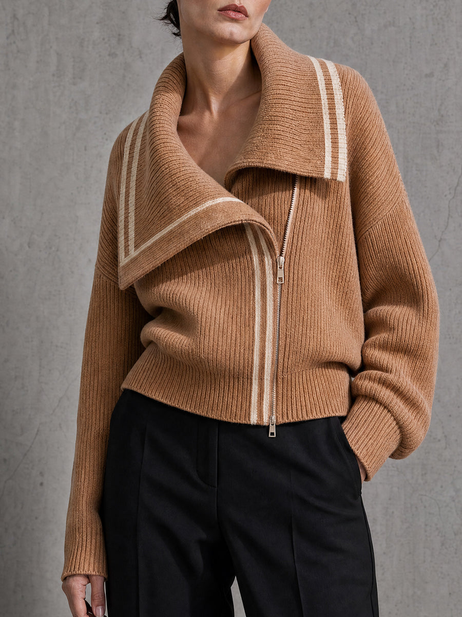 Camel Asymmetric-Zip Wide-Collar Ribbed Knit Cardigan Jacket