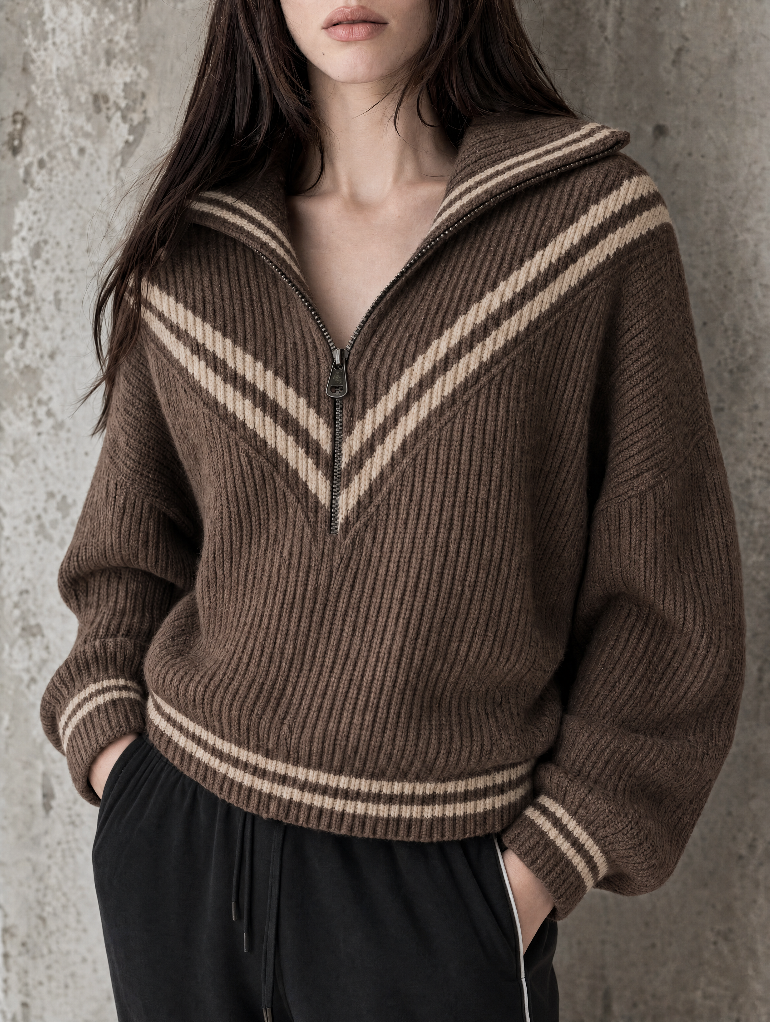Mocha Brown V-Stripe Half-Zip Wide-Collar Oversized Knit Sweater