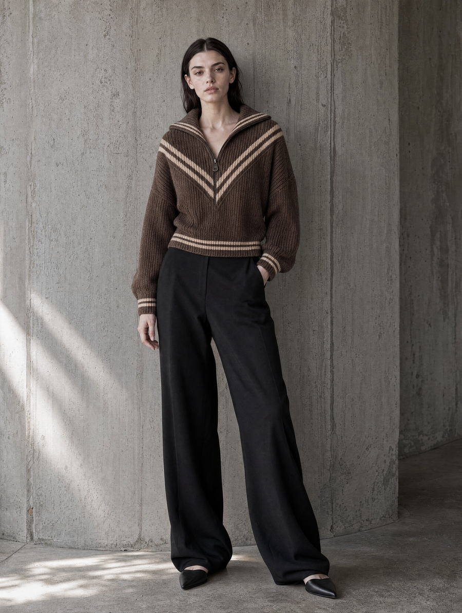 Mocha Brown V-Stripe Half-Zip Wide-Collar Oversized Knit Sweater