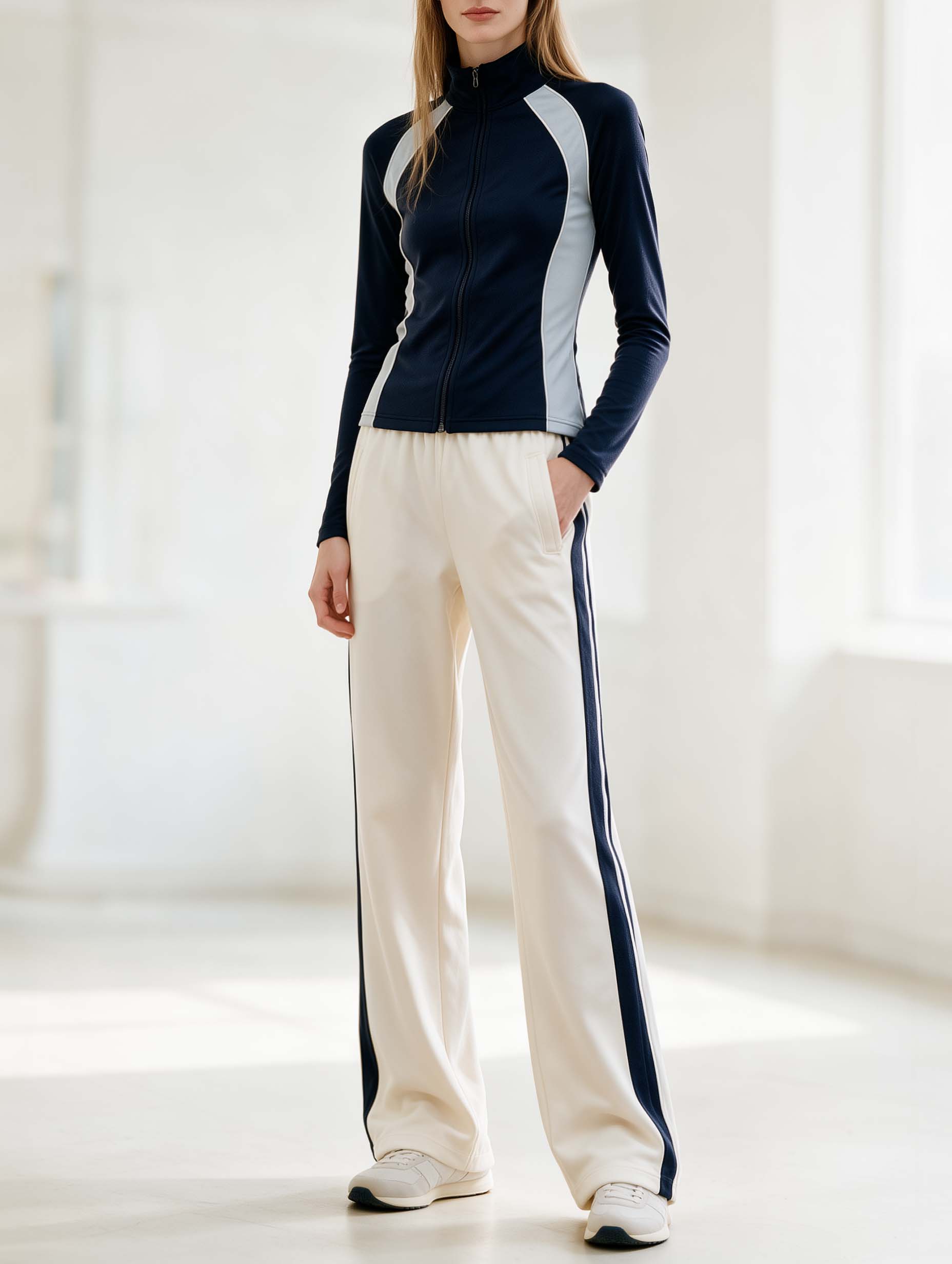Navy And Contrasting-color High-neck Full-zip Long-sleeve Top And White Trousers Set