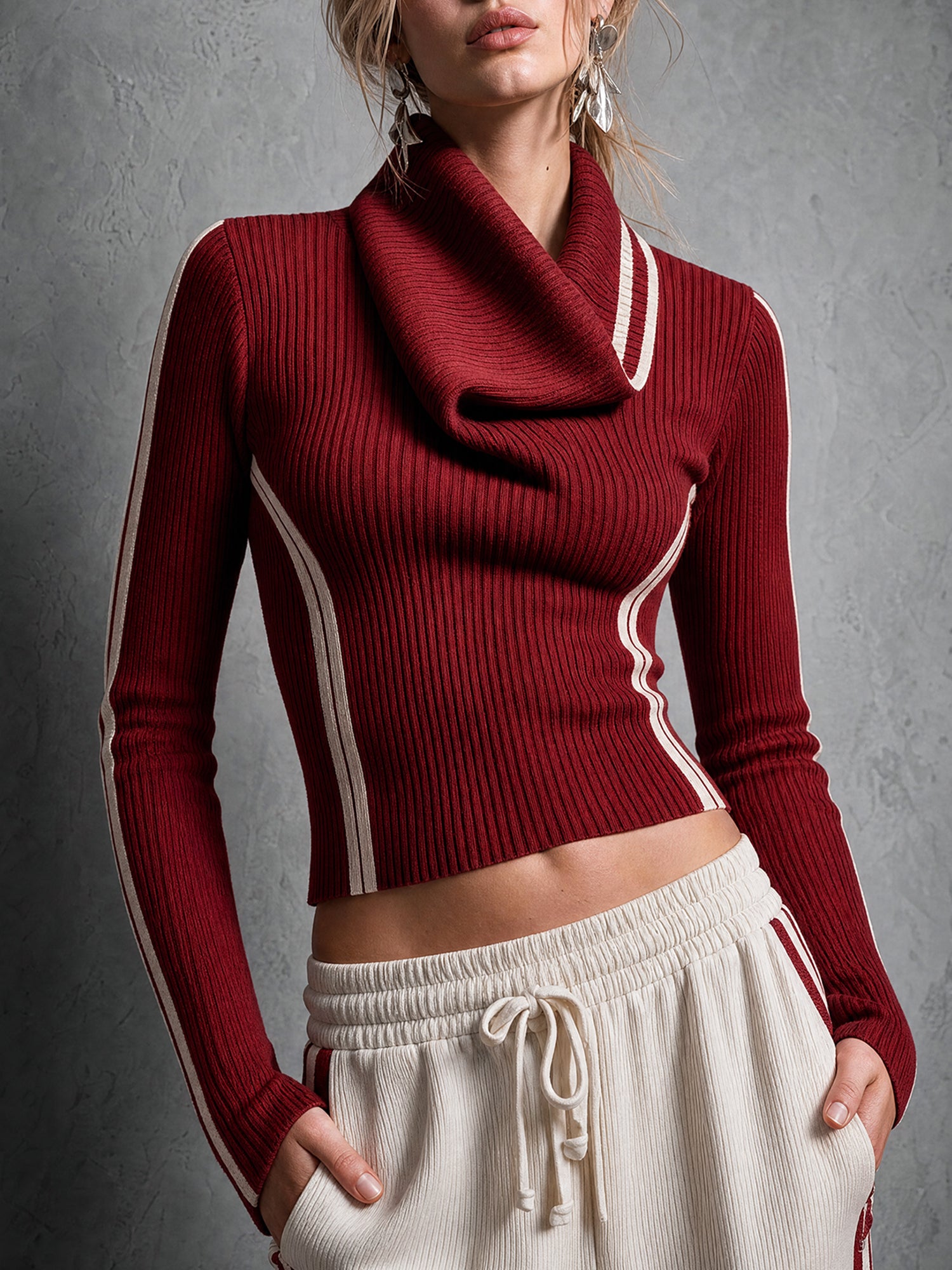 Wine Red Ribbed Knit Cowl-Neck Slim Top With Cream Side Stripe