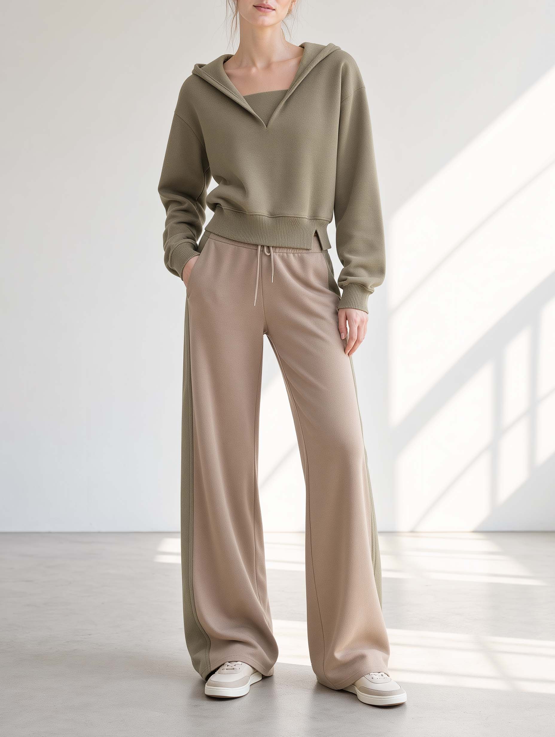 Khaki-green Long-sleeve Hooded Sweatshirt And Khaki Color-block Trousers Set