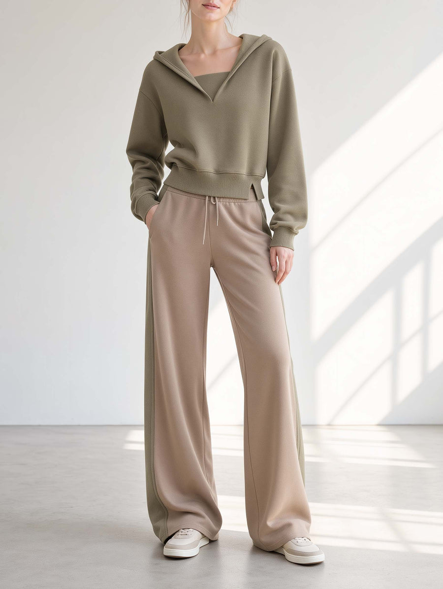 Khaki-green Long-sleeve Hooded Sweatshirt And Khaki Color-block Trousers Set