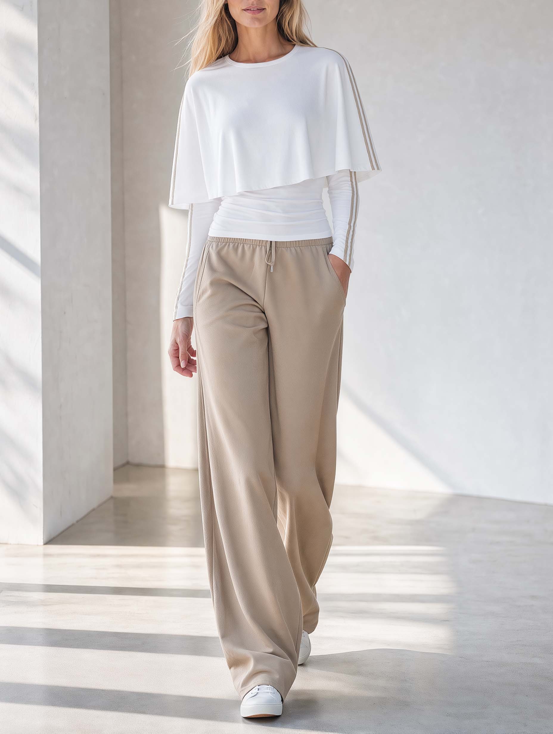 Stylish White Long-sleeve Top With Cape-style Design And Khaki Wide-leg Trousers Set