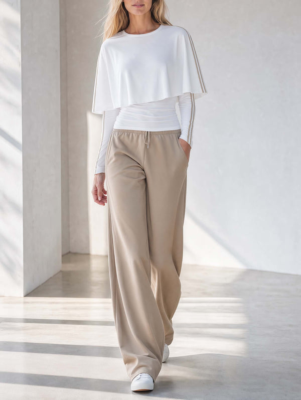 Stylish White Long-sleeve Top With Cape-style Design And Khaki Wide-leg Trousers Set