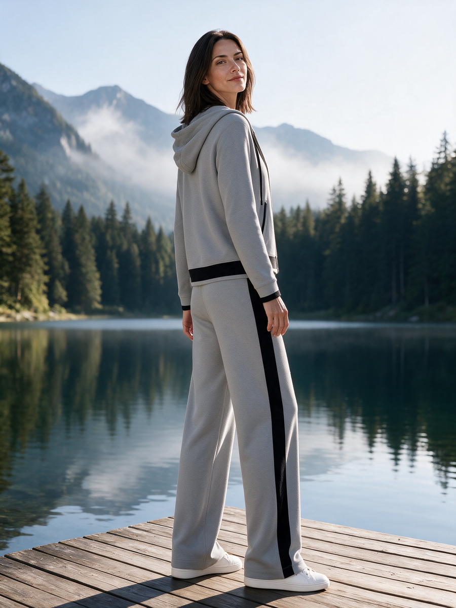 Gray Color-block Hooded Jacket And Wide-leg Trousers Set