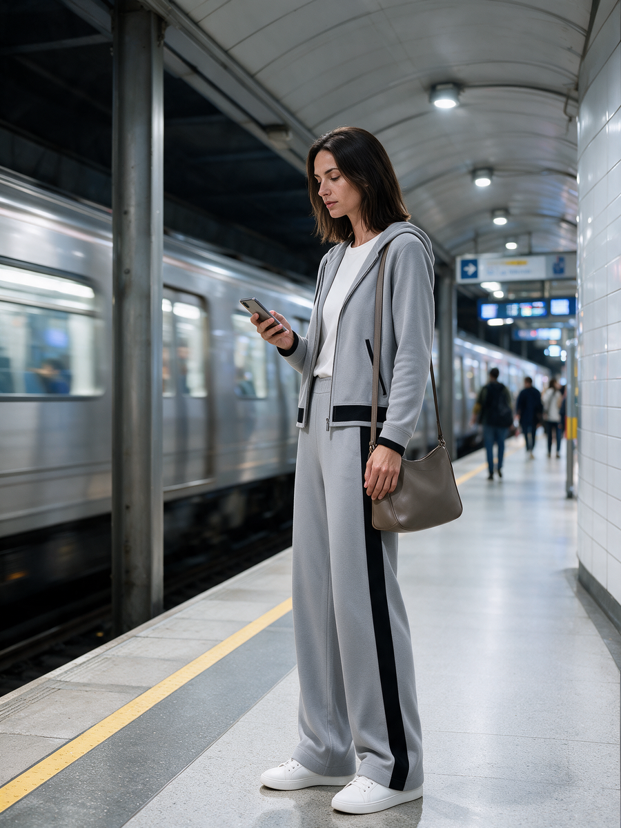 Gray Color-block Hooded Jacket And Wide-leg Trousers Set