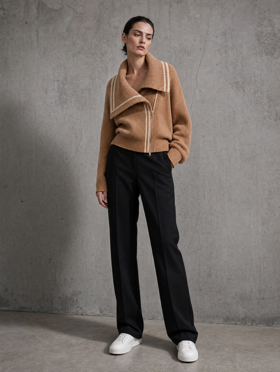 Camel Asymmetric-Zip Wide-Collar Ribbed Knit Cardigan Jacket