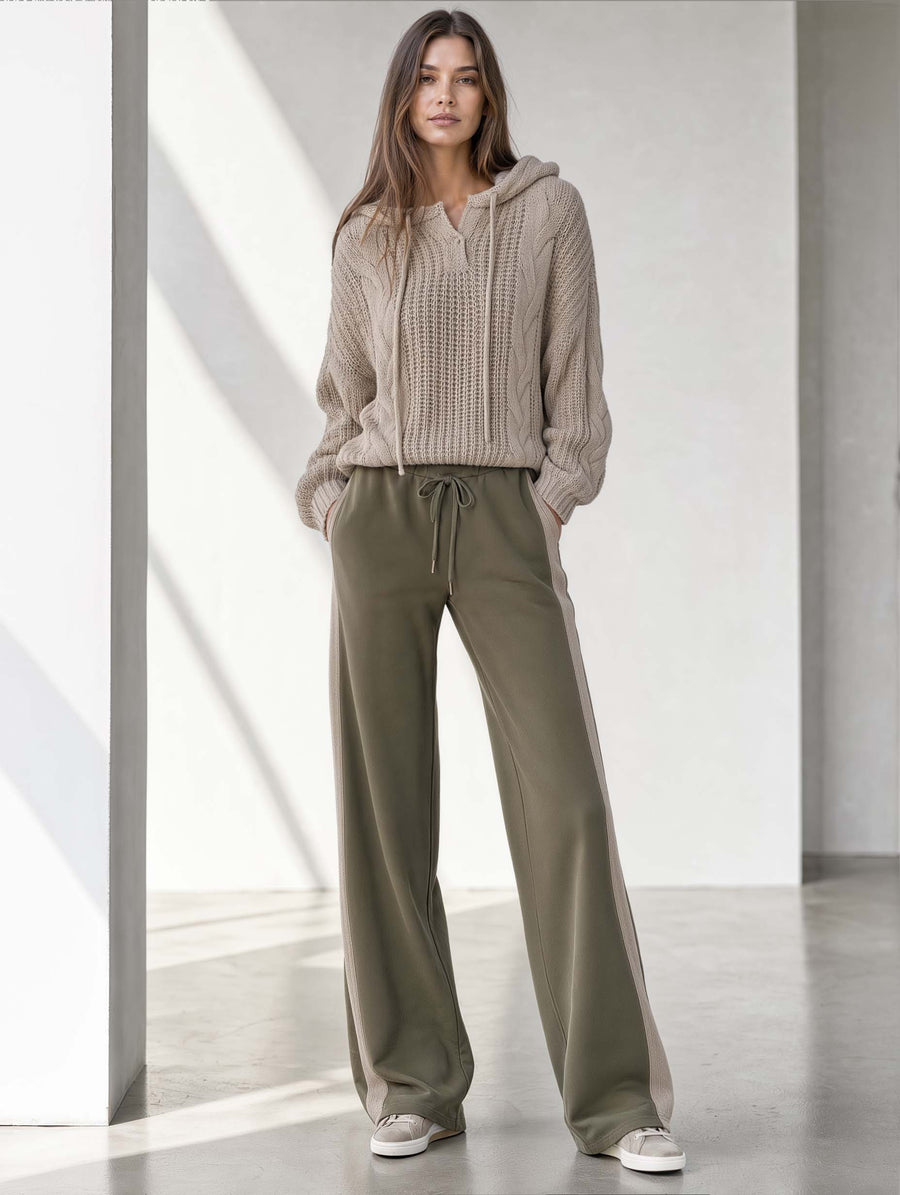 Khaki Long-sleeve Hooded Sweater And Color-block Wide-leg Trousers Set