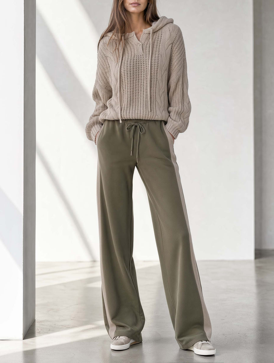 Khaki Long-sleeve Hooded Sweater And Color-block Wide-leg Trousers Set