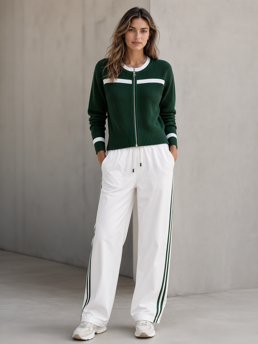 Dark Green And White Color-block Zip-up Knit Cardigan And Casual Straight-leg Trousers Set