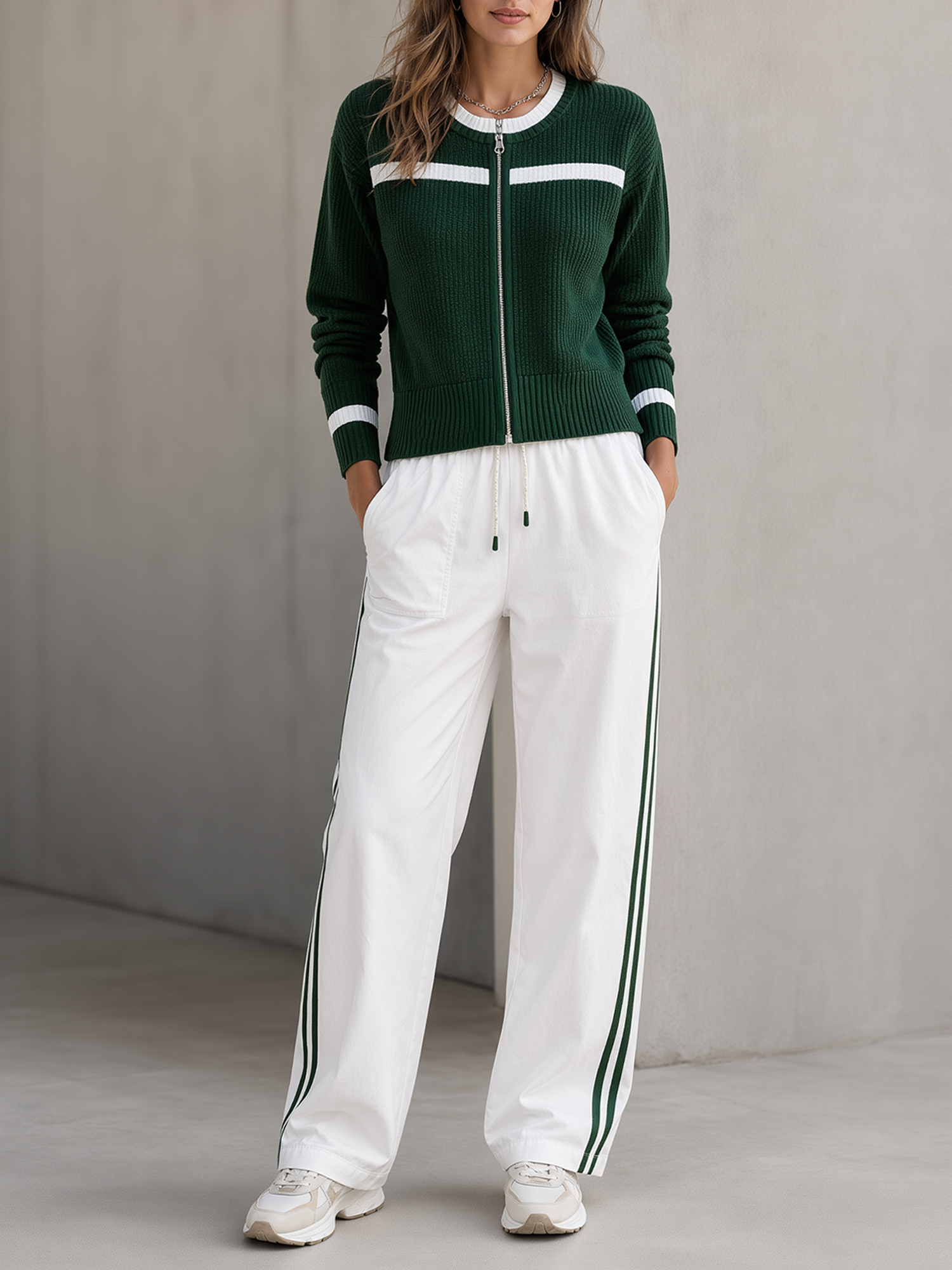 Dark Green And White Color-block Zip-up Knit Cardigan And Casual Straight-leg Trousers Set