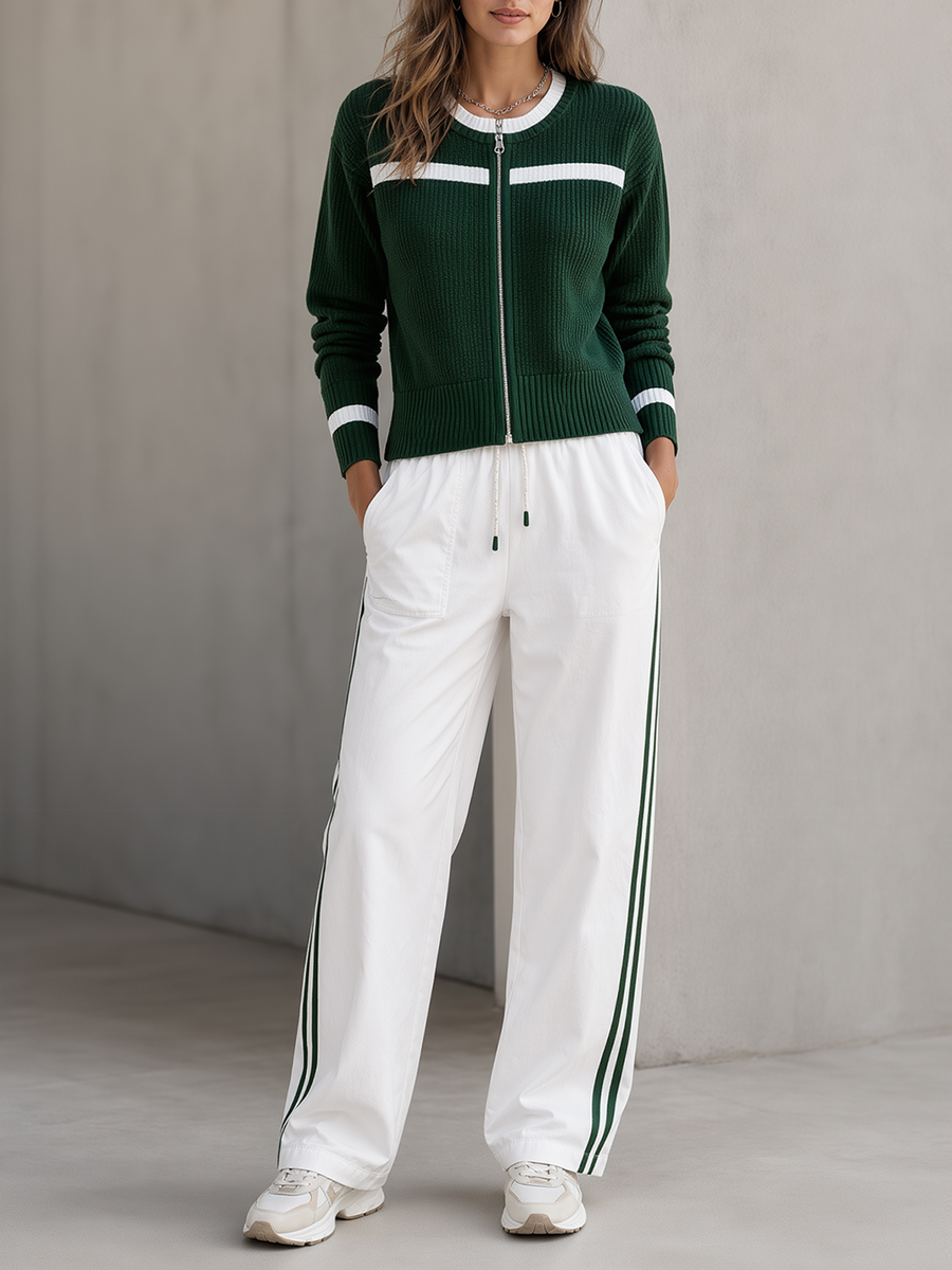 Dark Green And White Color-block Zip-up Knit Cardigan And Casual Straight-leg Trousers Set