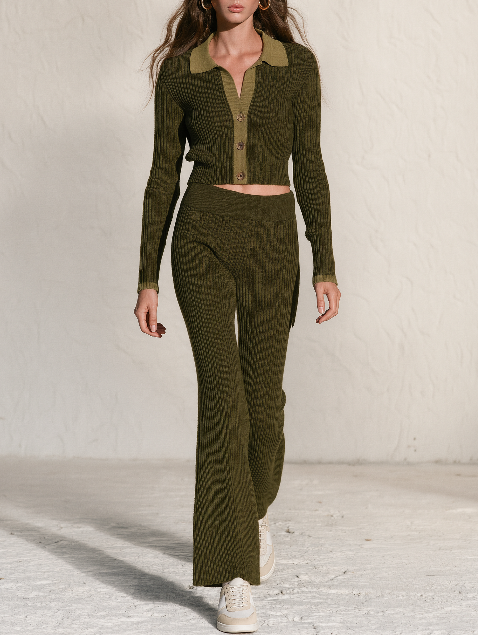 Army Green Ribbed Knit Cardigan And Flared Pants Set