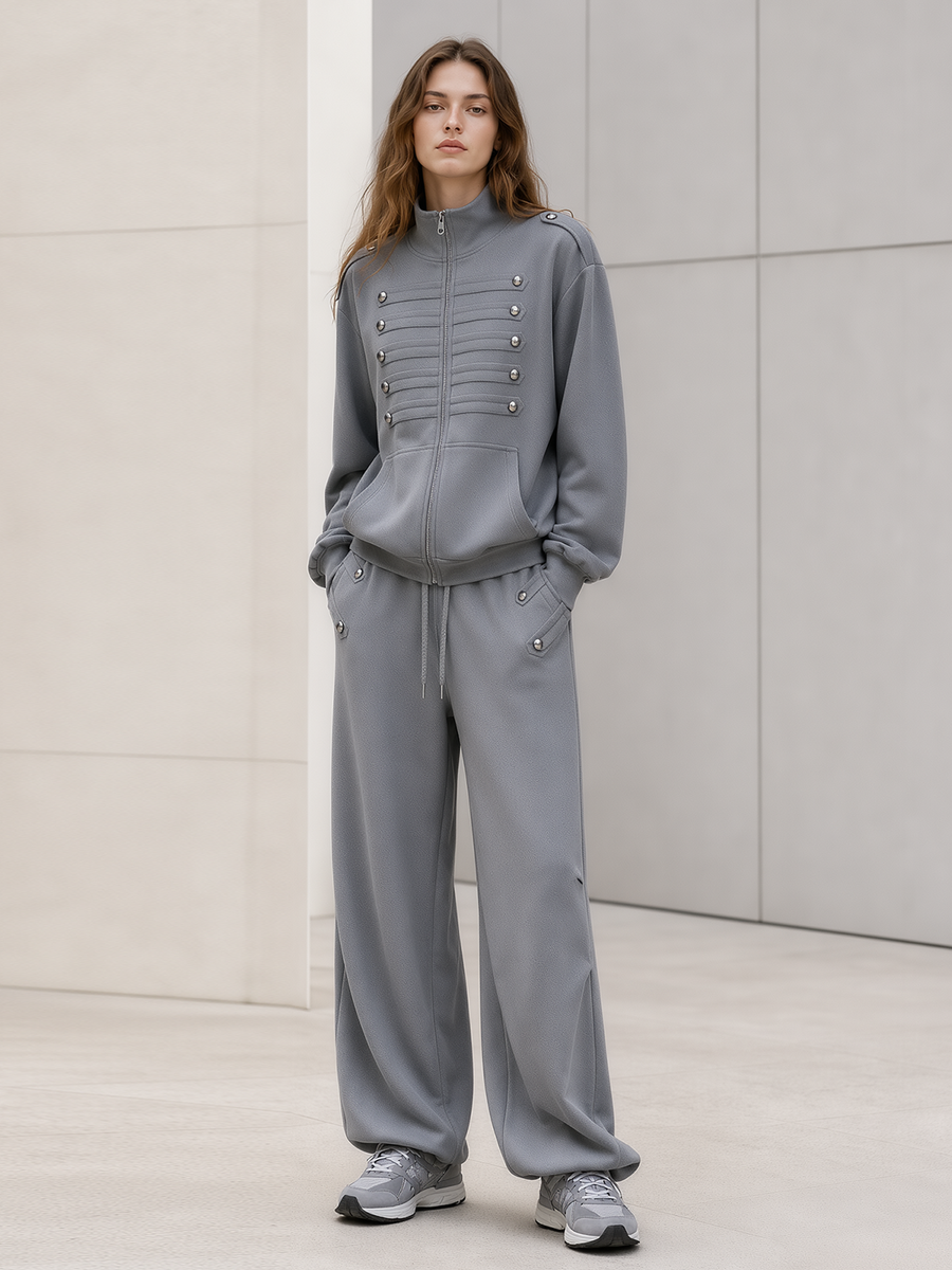 Grey Vintage-style Napoleon-inspired High-collar Jacket And Wide-leg Trousers Set With Stud Detailing