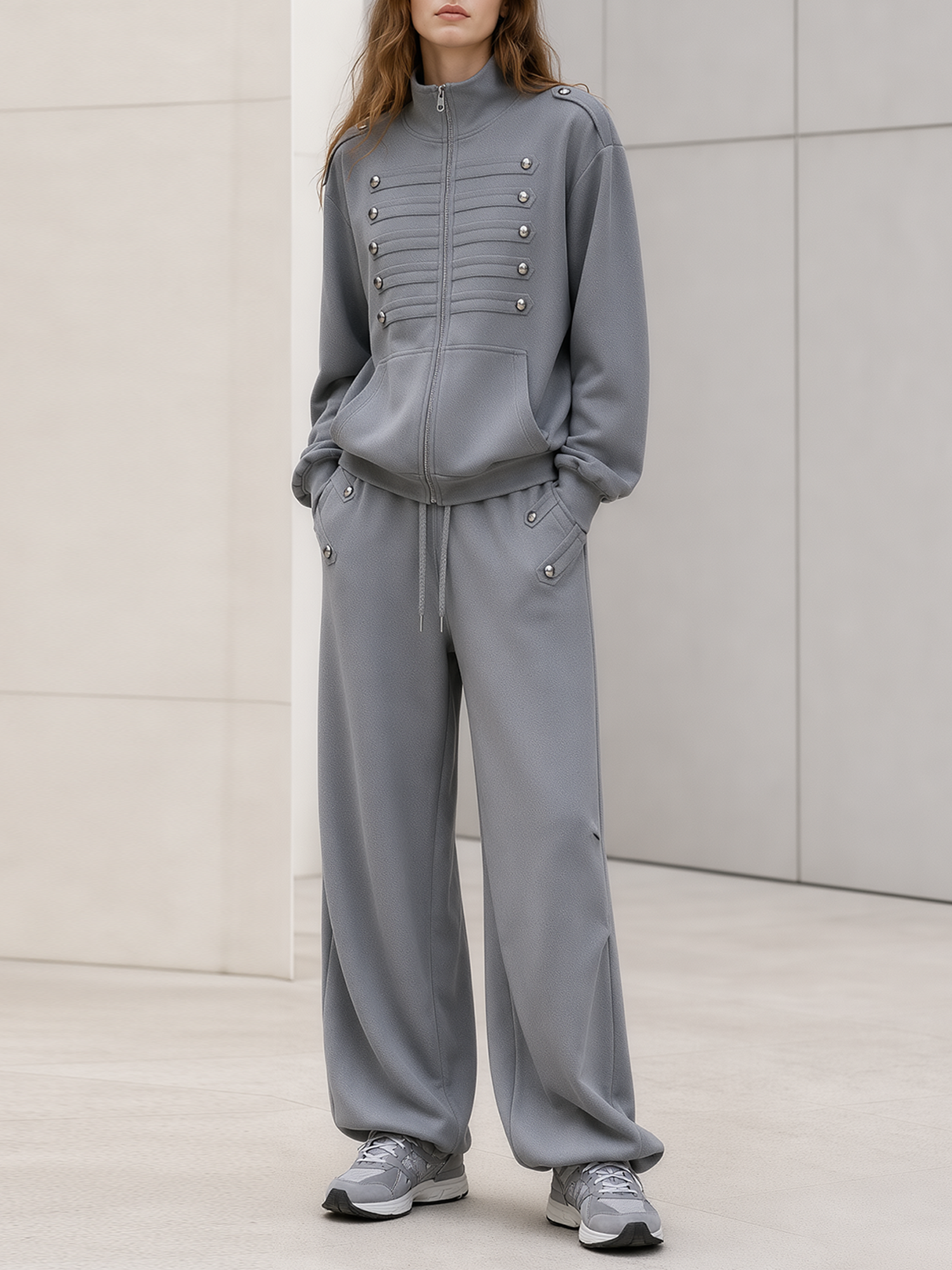 Grey Vintage-style Napoleon-inspired High-collar Jacket And Wide-leg Trousers Set With Stud Detailing