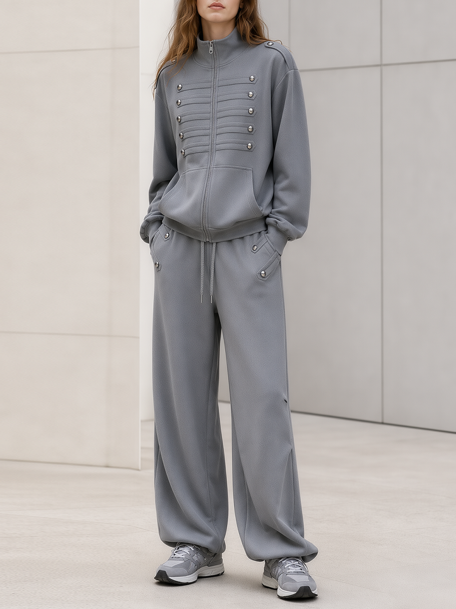 Grey Vintage-style Napoleon-inspired High-collar Jacket And Wide-leg Trousers Set With Stud Detailing
